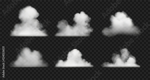 Realistic white vector clouds, water haze, smoke.
