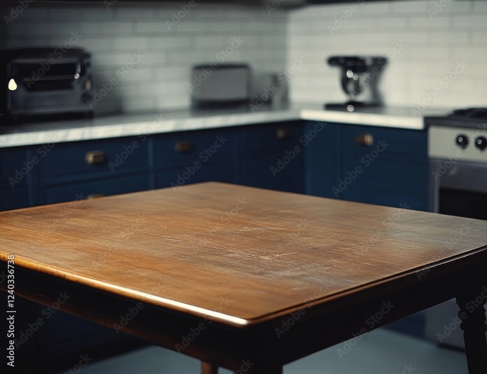 Empty wood table, modern kitchen, product display Empty wood table, modern kitchen, product display