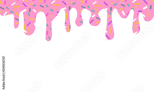 Pink dripping frosting with colorful sprinkles isolated on white background. Donut pink icing with sprinkles.