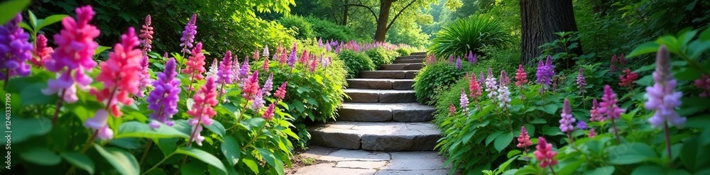 A winding stone stairway lined with clusters of Salvia nemorosa Caradonna Balkan Clary in a lush garden, wildflowers, nature A winding stone stairway lined with clusters of Salvia nemorosa Caradonna Balkan Clary in a lush garden, wildflowers, nature