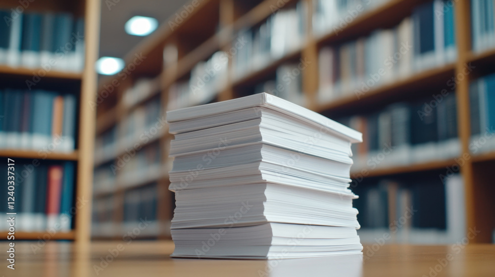 stack of thin bound annual reports rests on wooden table in library, surrounded by shelves filled with books, creating scholarly atmosphere stack of thin bound annual reports rests on wooden table in library, surrounded by shelves filled with books, creating scholarly atmosphere