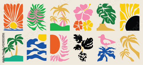 Summer botanical doodle background art vector set. Hibiscus flower, coconut tree, monstera leaf, sea. Abstract shape doodle art design for print, wallpaper, clipart, wall art for home decoration.