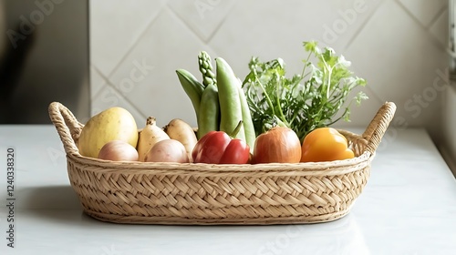 Fresh veggies in wicker basket, kitchen