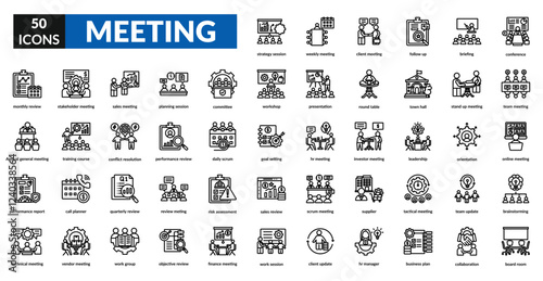 Meeting line icon set collection. Briefing, board room, monthly review, goal setting, workshop, corporate, seminar, networking, consultation, decision, agreement, leadership, reporting