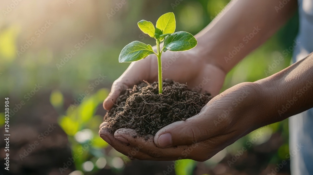 Hands holding a small plant sprouting from rich soil, representing a green recovery. Hands holding a small plant sprouting from rich soil, representing a green recovery.