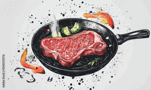 Illustrated Beef Steak Grilling in Pan with Vegetables and Spices Vector Art