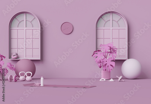 Sport fitness equipment, yoga mat, Kettlebell, dumbbells,plant pot, laptop,window, door on pastel pink background. Trendy 3d render for fitness, lifting in the gym, gym at home