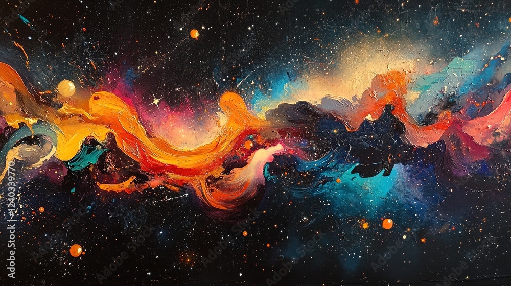 Obraz premium A deep space-inspired abstract scene with cosmic shapes and colorful energy trails