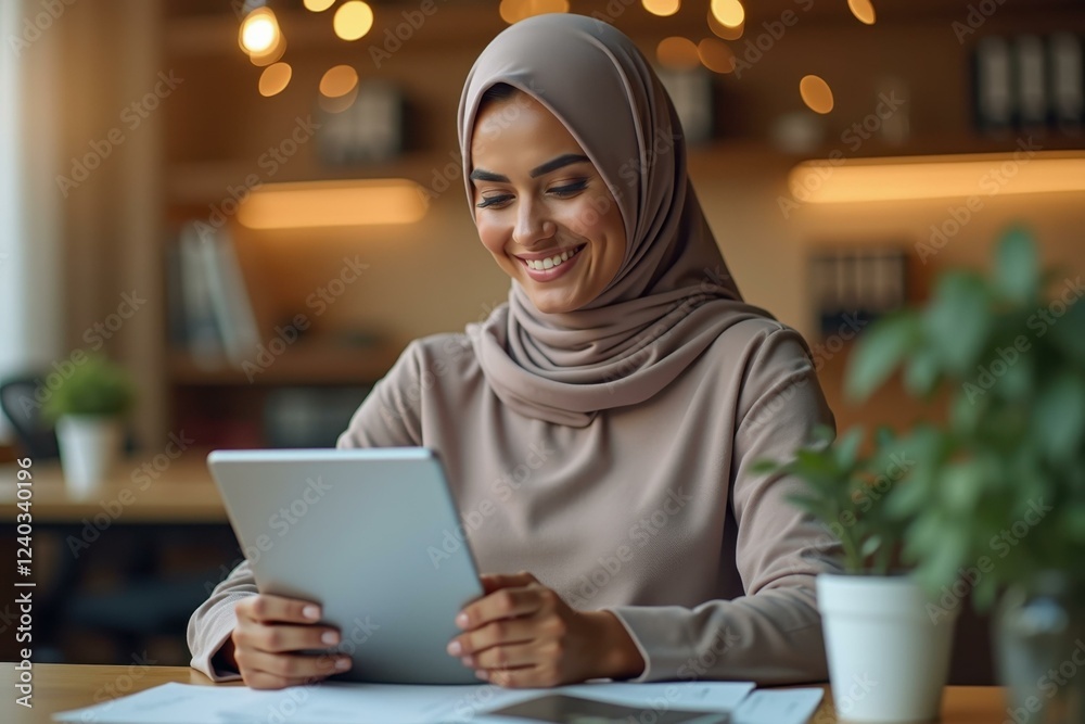 Woman is smiling while using her tablet computer at table Woman is smiling while using her tablet computer at table