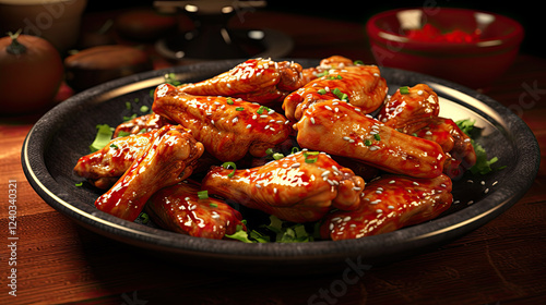 Close-up of Spicy Glazed Chicken Wings on a Dark Plate