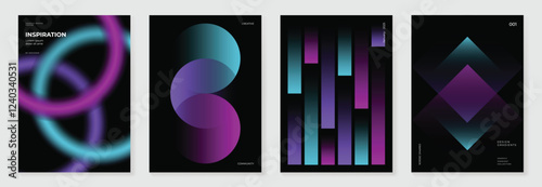 Modern gradient poster background vector set. Minimalist cover template with vibrant perspective geometric prism shapes in motion. Ideal design for social media, cover, banner, flyer.