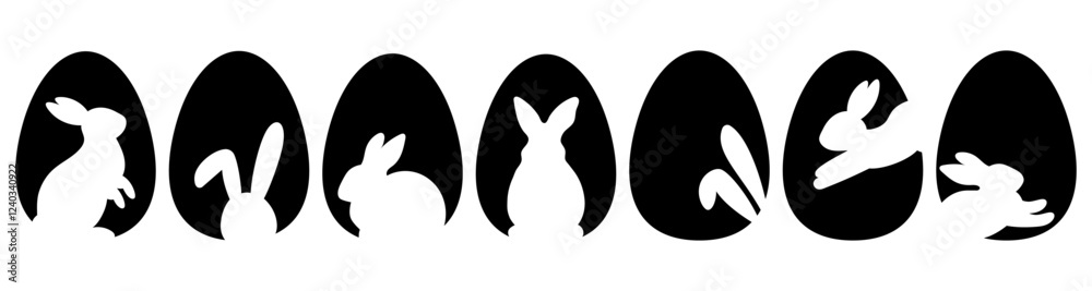 Set with black eggs and bunny silhouettes. Easter egg shape with bunny silhouette - traditional symbol of holiday. Easter rabbit inside egg. Set with black eggs and bunny silhouettes. Easter egg shape with bunny silhouette - traditional symbol of holiday. Easter rabbit inside egg.