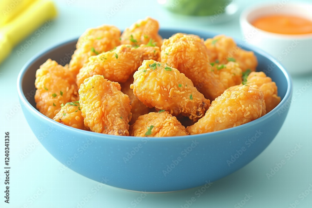 A blue bowl filled with crispy, golden-brown chicken wings garnished with green herbs. The wings are coated in a crunchy texture, suggesting they are fried. In the background. A blue bowl filled with crispy, golden-brown chicken wings garnished with green herbs. The wings are coated in a crunchy texture, suggesting they are fried. In the background.