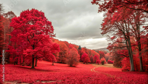 A forest shrouded in red tones. This place is filled with mysticism, warmth and tranquility of nature.