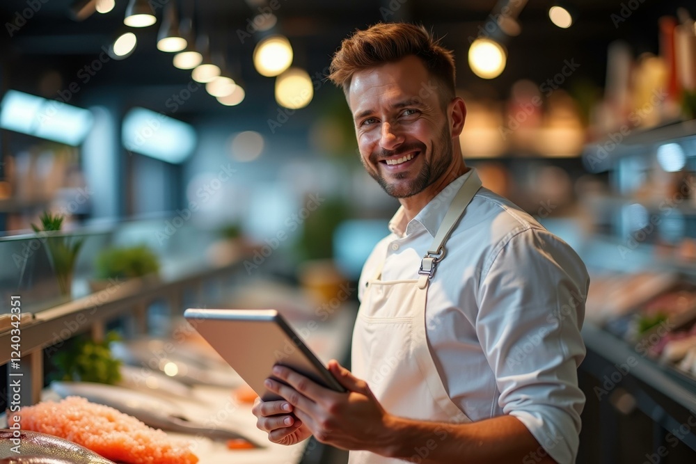 Fototapeta premium Friendly male fishmonger with apron holding tablet, smiling while working at seafood counter, ideal for retail, market, business, technology themes, bright indoor, professional atmosphere, warm light