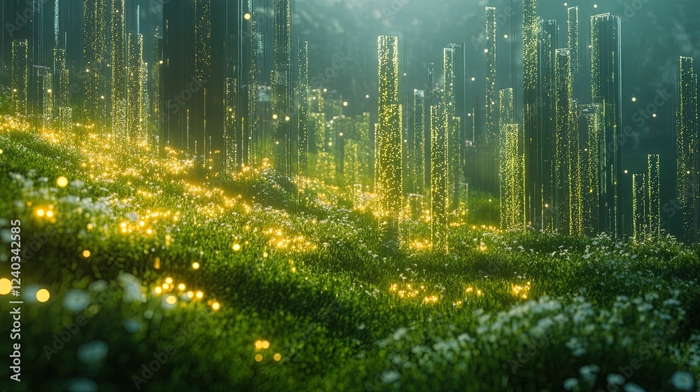 Obraz premium A futuristic meadow with glowing grass blades and holographic elements