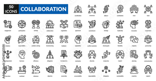Collaboration line icon set collection. Agreement, commitment, harmony, problem solving, partnership, participation, strategy, leadership, motivation, coordination, execution