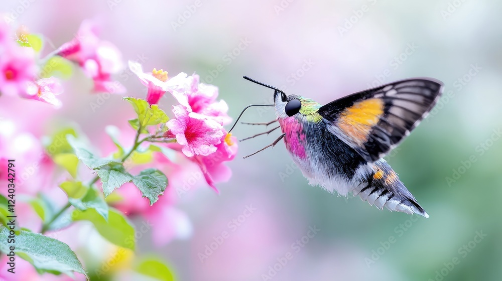 Fototapeta premium Hummingbird hawk-moth feeding on pink flowers, garden background, nature photography