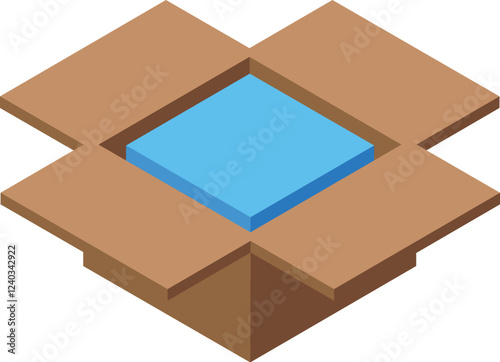 Open brown cardboard box containing blue package, isometric delivery and unboxing concept