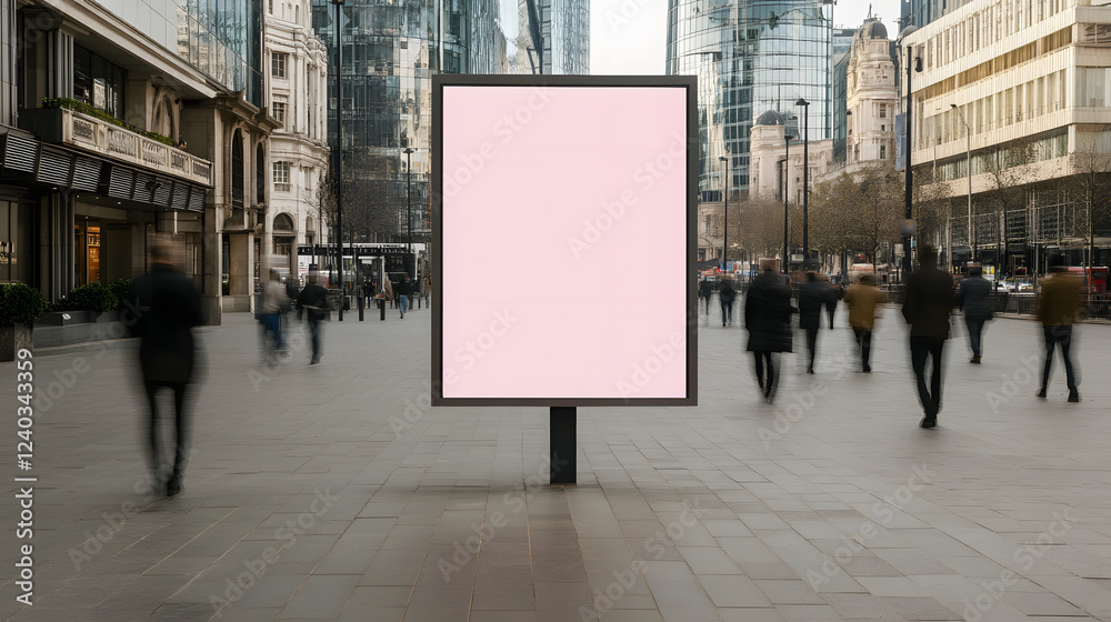 Empty advertising billboard in busy urban setting with blurred pedestrians Empty advertising billboard in busy urban setting with blurred pedestrians