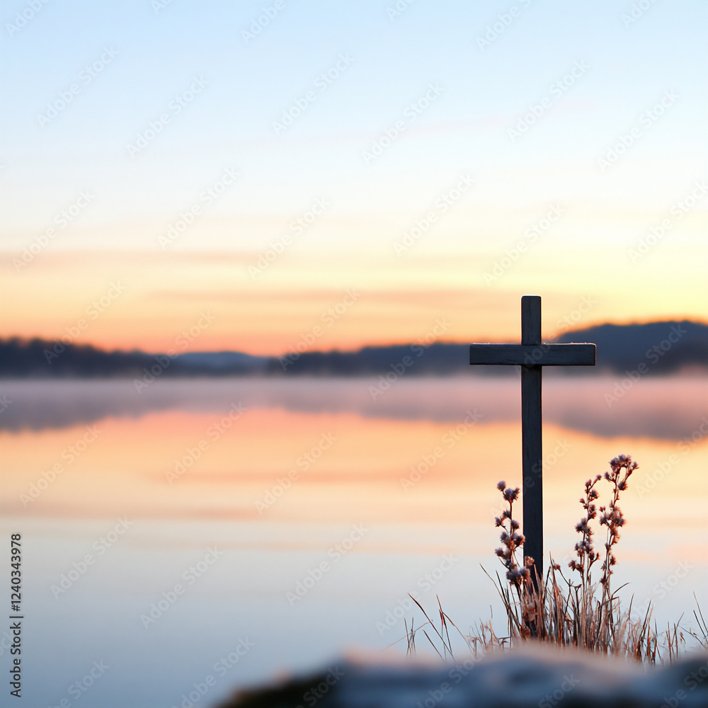 cross by a tranquil lake at dawn cross by a tranquil lake at dawn