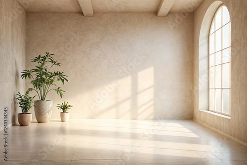 A 3D-rendered stock photo depicts an empty room with a minimalist interior design, providing a versatile background for various creative projects