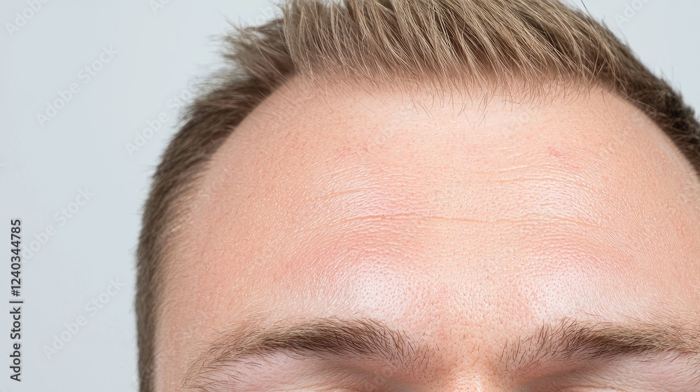 Fototapeta premium Close-up man's forehead, light skin, studio background, skincare ad