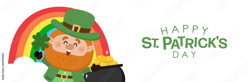 Naklejka premium Happy St Patrick's day with cute Leprechaun in green costume with clover leaves for good luck and gold coin in the pot. -vector