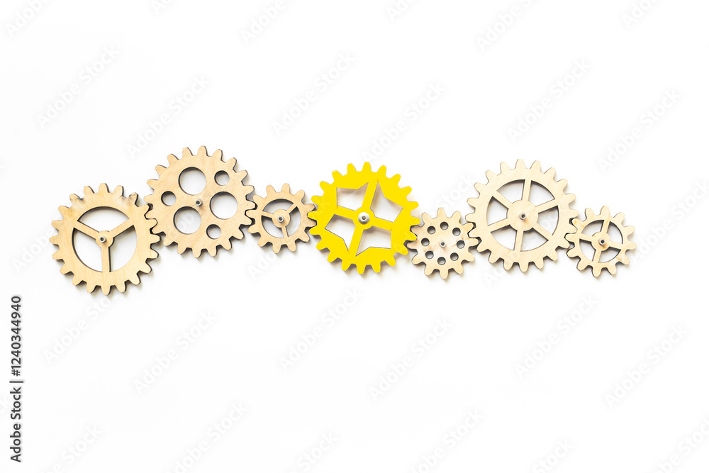 One cogwheel matches to chain of gears. New team member or new idea concept One cogwheel matches to chain of gears. New team member or new idea concept