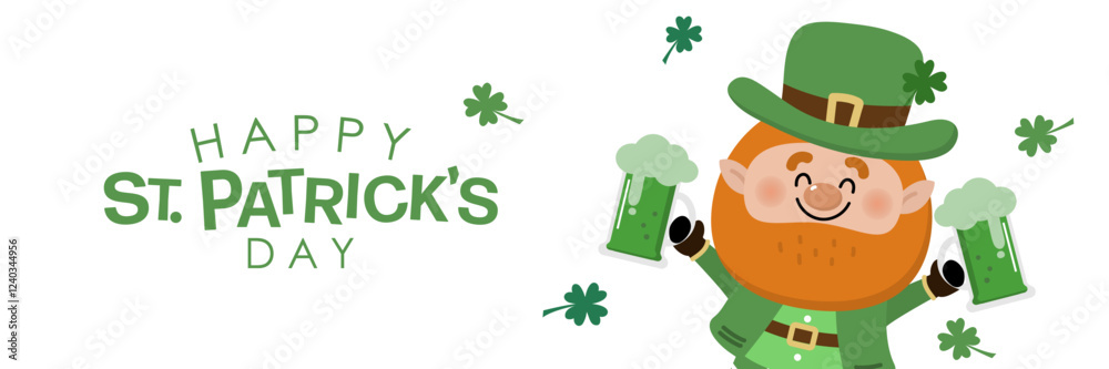 Naklejka premium Happy St Patrick's day with cute Leprechaun in green costume with clover leaves for good luck and gold coin in the pot. -vector