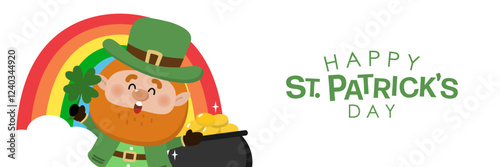 Happy St Patrick's day with cute Leprechaun in green costume with clover leaves for good luck and gold coin in the pot. -vector