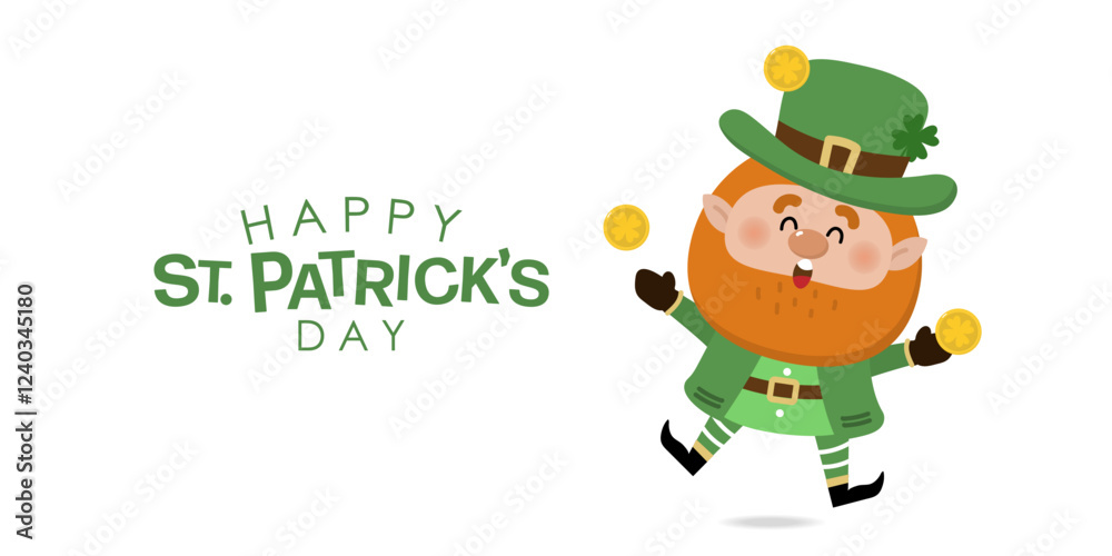 Happy St Patrick's day with cute Leprechaun in green costume with clover leaves for good luck and gold coin in the pot. -vector Happy St Patrick's day with cute Leprechaun in green costume with clover leaves for good luck and gold coin in the pot. -vector