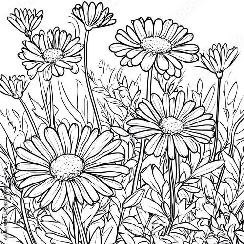 Simple Coloring Book Page Asters in an Autumn Garden