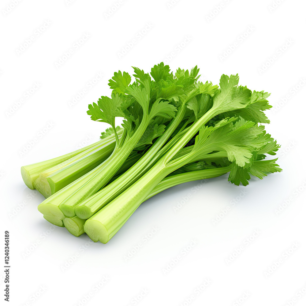 Fresh Green Celery Stalks on White Background Fresh Green Celery Stalks on White Background