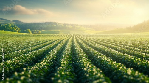 Lush Green Field with Rows of Crops Under a Soft Golden Horizon at Sunset