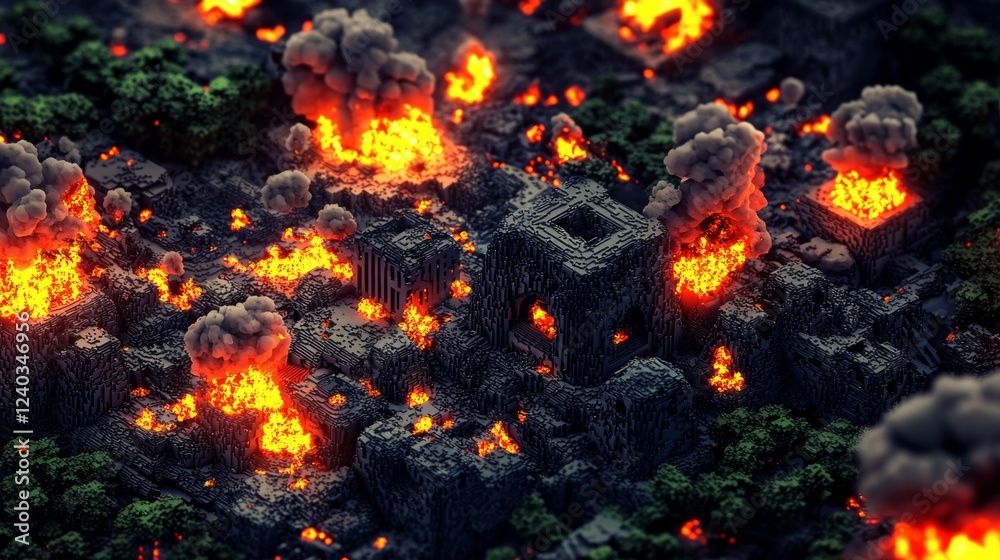 Fototapeta premium Surreal Aerial View of a Fiery Landscape with Erupting Flames and Billowing Smoke Amidst Ancient Ruins