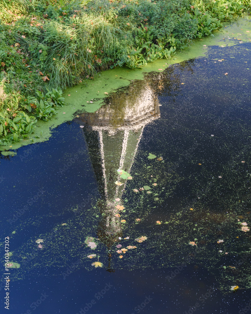 Reflection in water of Church of Alexander Nevsky in Kaliningrad. Russia