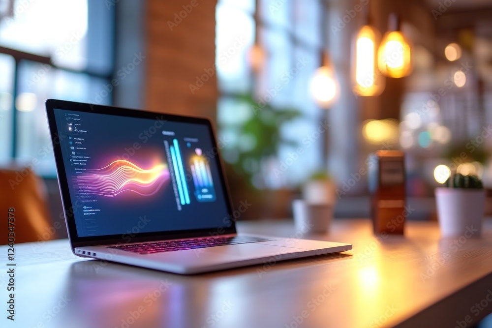 Laptop Displaying Data Analytics in a Cozy Cafe Setting Laptop Displaying Data Analytics in a Cozy Cafe Setting