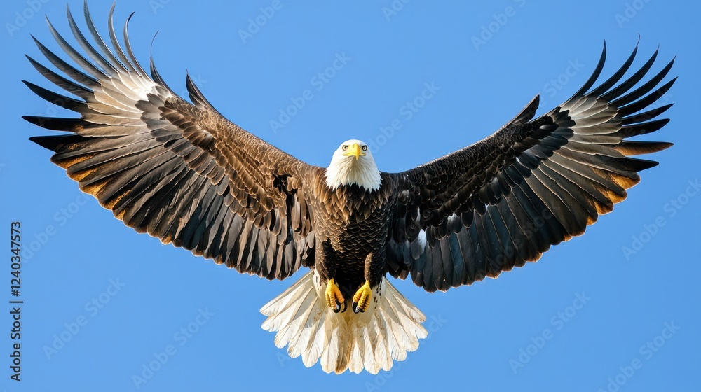 Obraz premium Majestic bald eagle soaring in the sky with wings spread wide against a clear blue background.