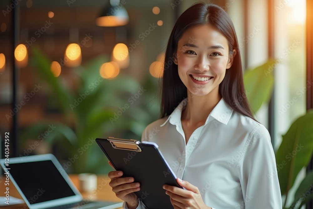 Woman is holding clipboard and smiling at camera Woman is holding clipboard and smiling at camera