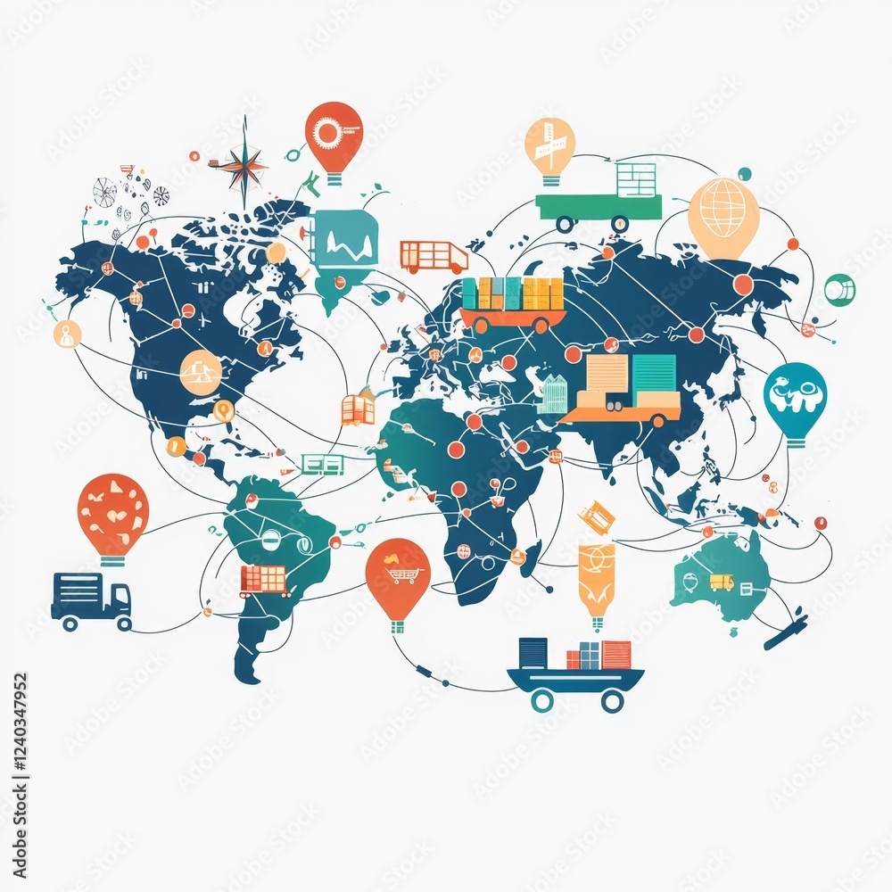 Global Trade and Logistics Network Illustrating Connections Between Continents and Shipping Routes Global Trade and Logistics Network Illustrating Connections Between Continents and Shipping Routes
