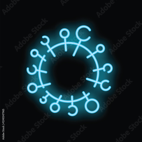 Bright blue neon sign in the shape of a coronavirus is glowing on a black background