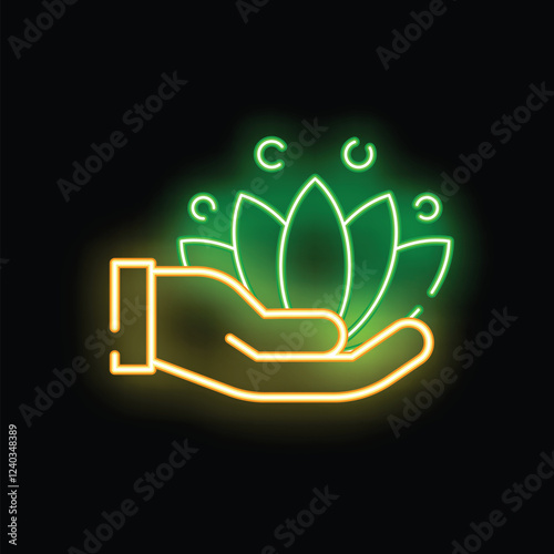 Neon sign of a hand holding a lotus flower, representing concepts like meditation, peace, and spirituality