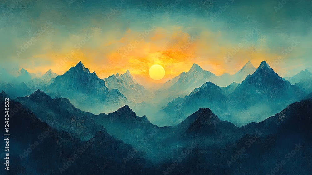 Obraz premium An oil-textured twilight scene with a gradient sky and softly glowing peaks