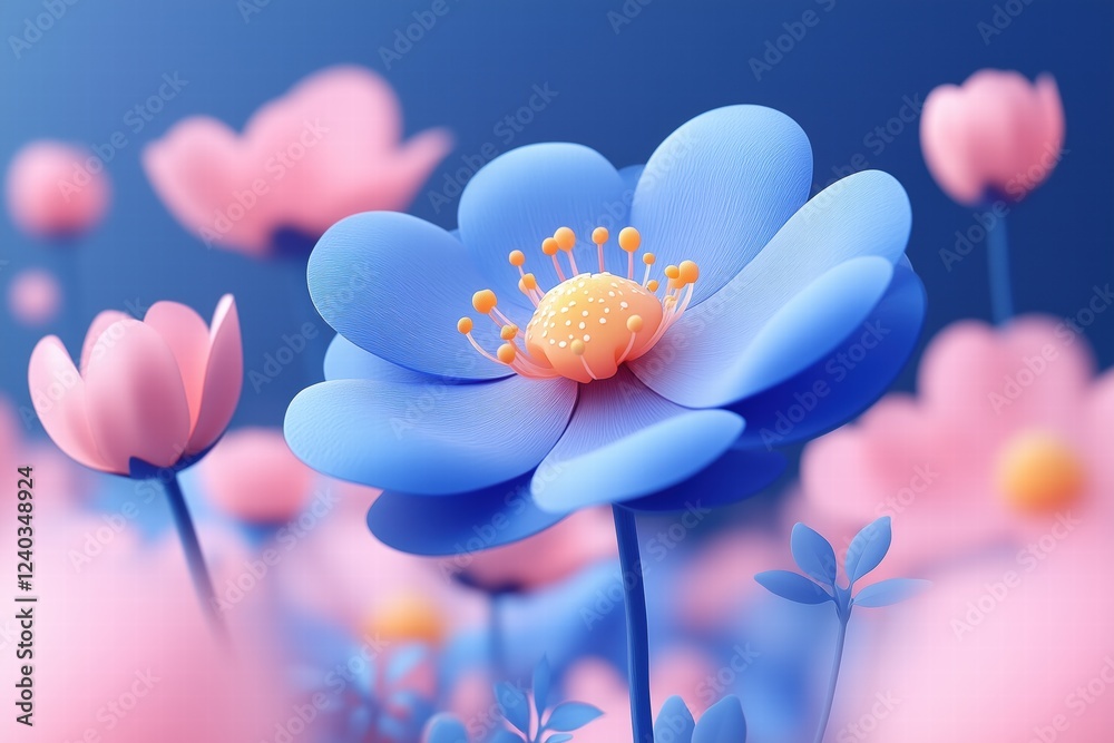 A vibrant, stylized illustration of blue and pink flowers against a soft gradient background. The flowers feature large petals and intricate details, creating a whimsical and dreamy atmosphere. A vibrant, stylized illustration of blue and pink flowers against a soft gradient background. The flowers feature large petals and intricate details, creating a whimsical and dreamy atmosphere.