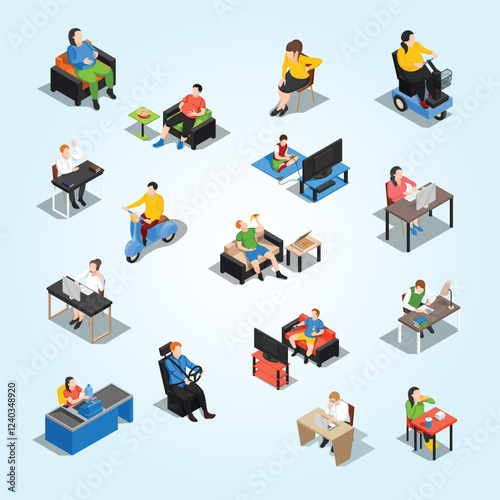 sedentary life icon set brainstorming people isometric