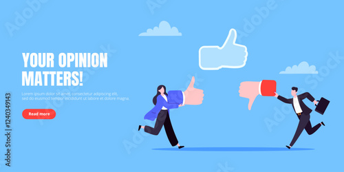 Customer feedback, employee or client satisfaction rating review with good or bad symbols - thumb up and down business concept vector illustration. Positive and negative feedback and evaluation
