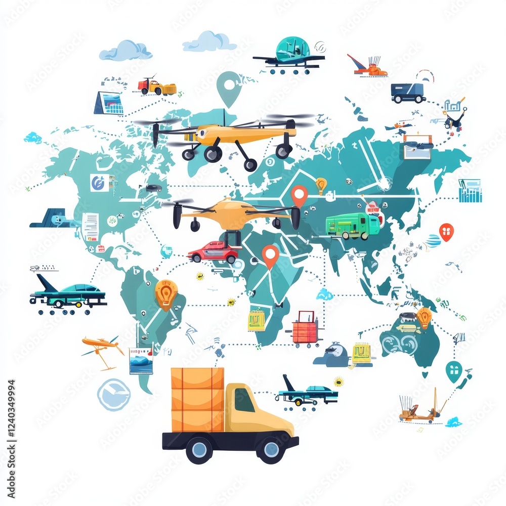 Fototapeta premium Global Delivery System with Drones, Trucks, and Airplanes Illustrating Modern Logistics and Transport Solutions
