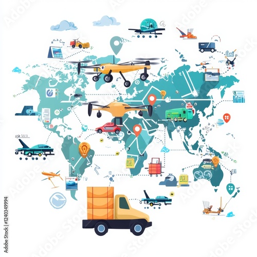 Global Delivery System with Drones, Trucks, and Airplanes Illustrating Modern Logistics and Transport Solutions