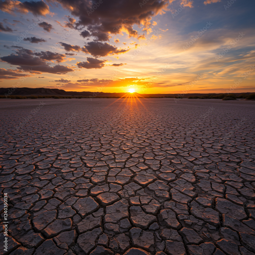 Obraz premium Sunset over Cracked Earth Desert Landscape